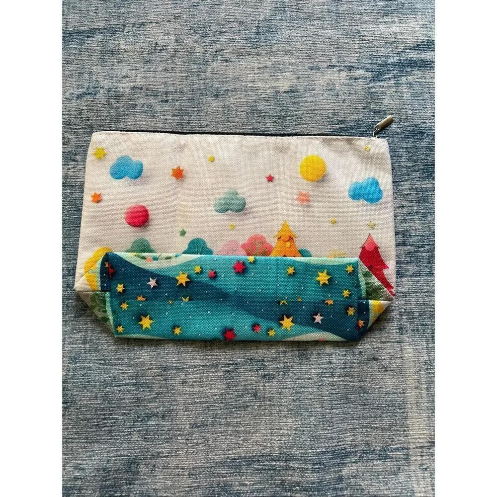 Colorful Trees Clouds Stars Cotton Canvas Small Makeup Bag Travel Toiletry Pouch